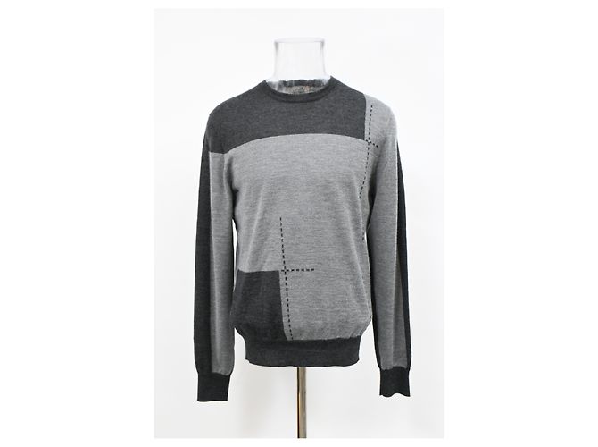 Maglione in lana grigia a blocchi di colore Hermès Grigio - vista 6