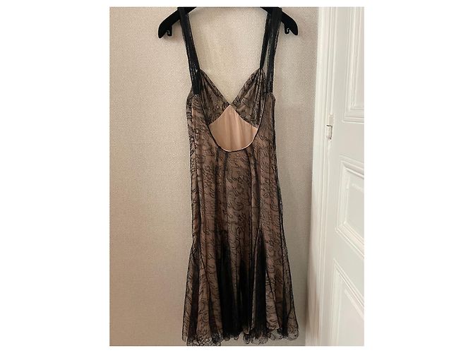 Abito midi in seta e pizzo nero John Galliano Beige - vista 4