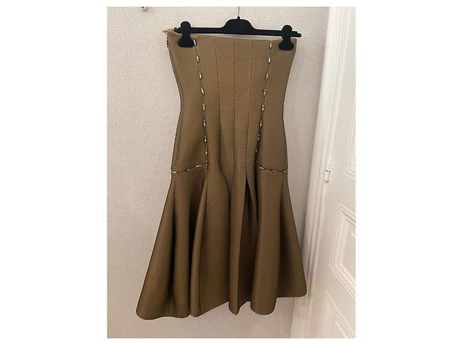 John Galliano Khaki Tüll trägerloses Kleid Grün - Ansicht 2