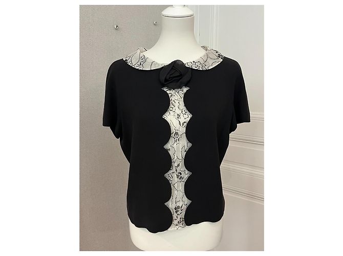 Christian Dior Top in seta floreale Resort 2011 Nero Bianco - vista 2