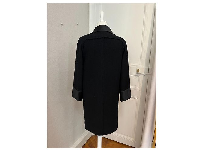 Chanel Schwarzer Tweed Mantel mit Lederbesatz Grau - Ansicht 3