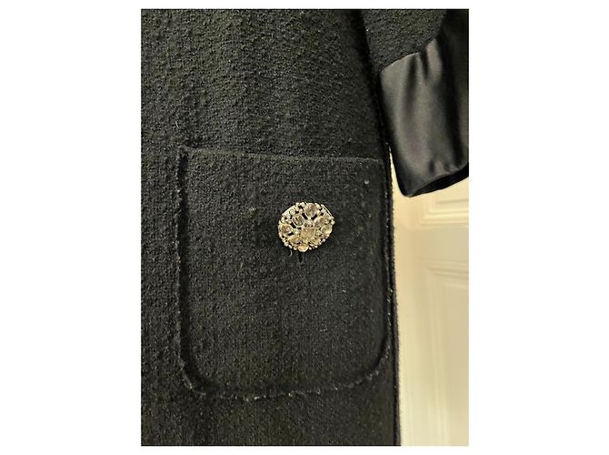 Chanel Schwarzer Tweed Mantel mit Lederbesatz Grau - Ansicht 4