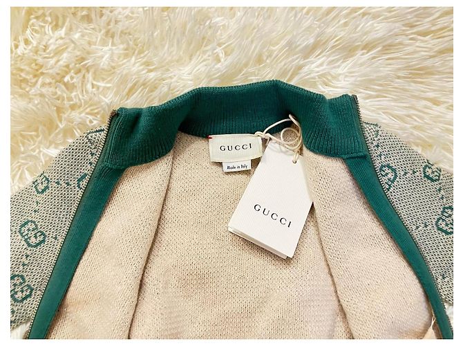 Gucci Veste Zippée Bébé Beige et Vert Coton Laine - vue 3