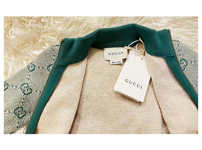 Gucci Veste Zippée Bébé Beige et Vert Coton Laine - vue 4