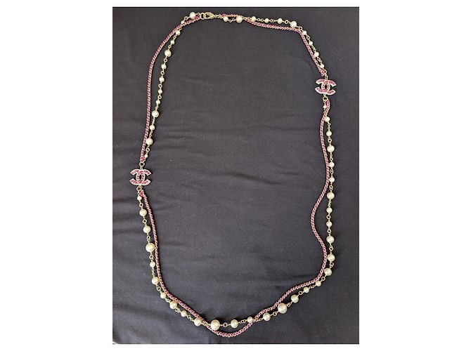 Chanel Collana CC B21P Logo in Pelle Rosa con Perle e Cristalli GHW - vista 6