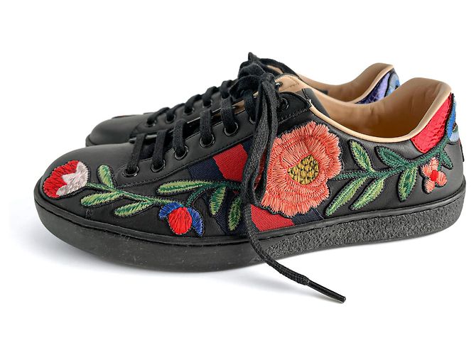 Gucci Baskets en cuir rayées brodées de fleurs Ace 40 Noir - vue 2