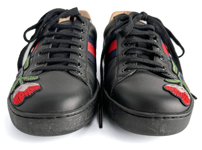 Gucci Baskets en cuir rayées brodées de fleurs Ace 40 Noir - vue 5