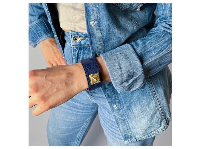 Hermès Bracciale in pelle esotica Medor 16 cm Blu - vista 2