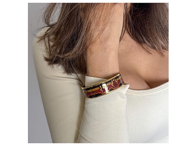 Hermès Bracciale in metallo placcato oro Emanel, carrozza rossa multicolore - vista 2