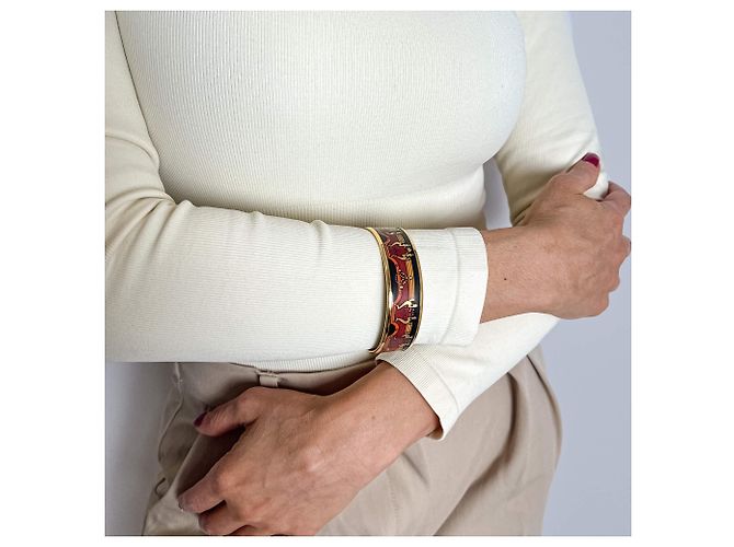Hermès Bracciale in metallo placcato oro Emanel, carrozza rossa multicolore - vista 5