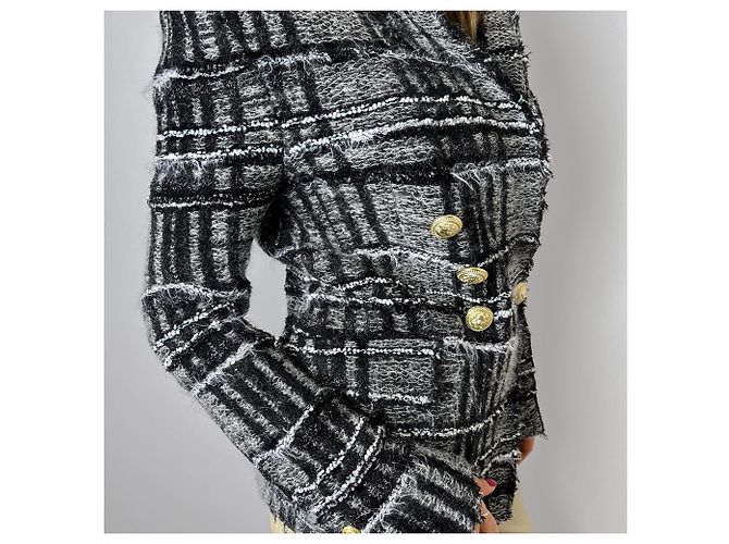 Balmain Doppelt gefütterte Karierte Tweed- und Viskose-Blazer 38 Schwarz & Weiß - Ansicht 3