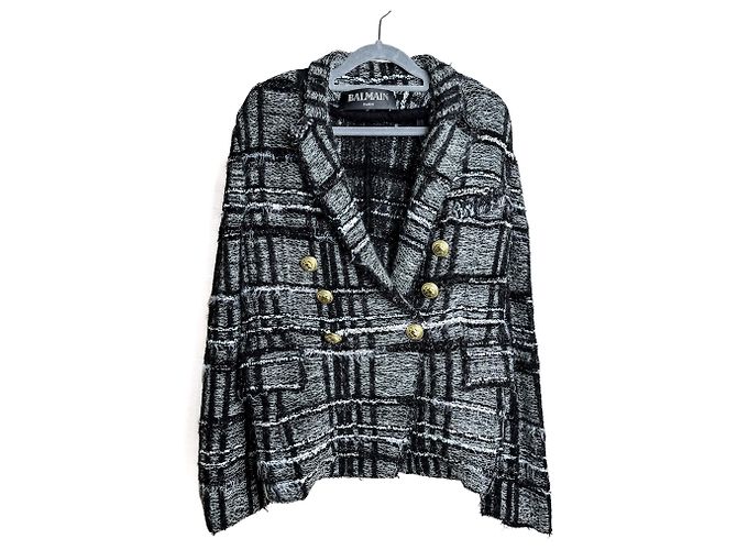 Balmain Doppelt gefütterte Karierte Tweed- und Viskose-Blazer 38 Schwarz & Weiß - Ansicht 5
