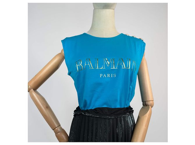 Balmain Camiseta sin mangas azul de algodón con botones de león dorado - vista 2