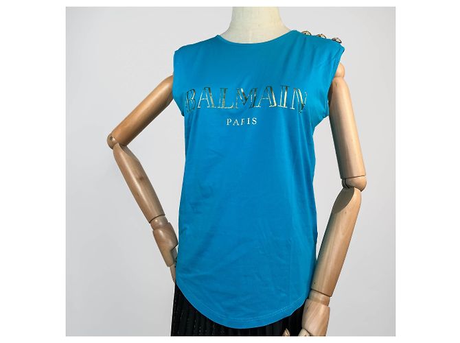 Balmain Camiseta sin mangas azul de algodón con botones de león dorado - vista 3