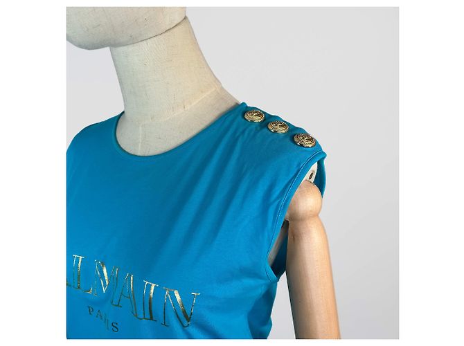 Balmain Camiseta sin mangas azul de algodón con botones de león dorado - vista 4