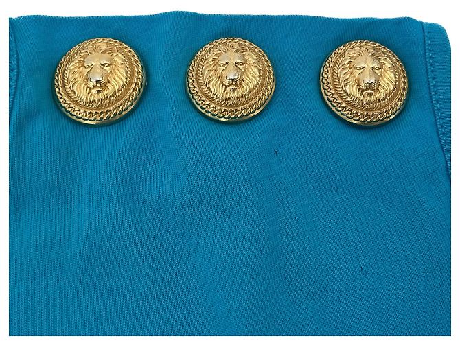 Balmain Camiseta sin mangas azul de algodón con botones de león dorado - vista 6