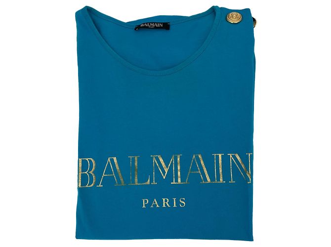 Balmain Camiseta sin mangas azul de algodón con botones de león dorado - vista 9