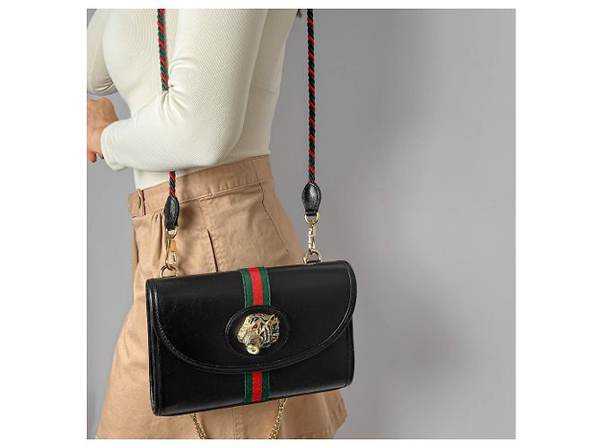 Gucci Borsa a spalla in pelle a righe Rajah Small con pattina 2 modi nera Nero - vista 2