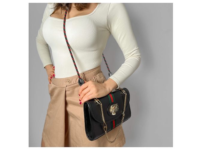 Gucci Borsa a spalla in pelle a righe Rajah Small con pattina 2 modi nera Nero - vista 3
