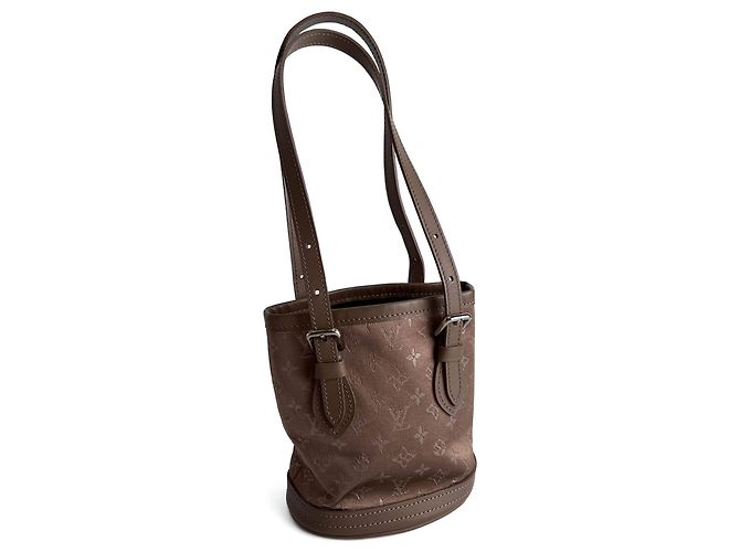 Louis Vuitton Borsa bucket mini in satin e pelle taupe - vista 4