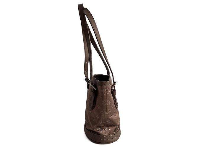 Louis Vuitton Borsa bucket mini in satin e pelle taupe - vista 6