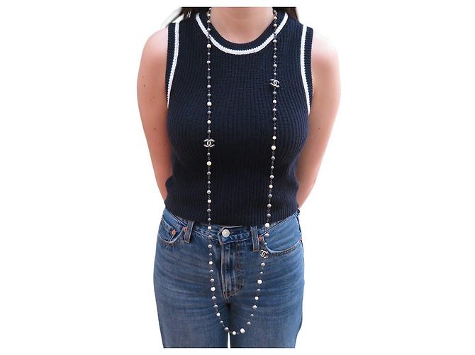 COLLANA CHANEL SAUTOIR DI PERLE LOGO CC 160CM NERE BIANCHE Argento - vista 11