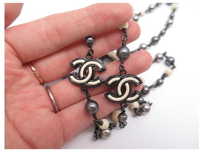 COLLANA CHANEL SAUTOIR DI PERLE LOGO CC 160CM NERE BIANCHE Argento - vista 5