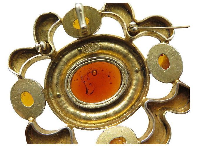 VINTAGE BROCHE CHANEL GRIPOIX 1994 SERTIE DE PATE DE VERRE & PERLES PEARL BROOCH Doré - vue 10