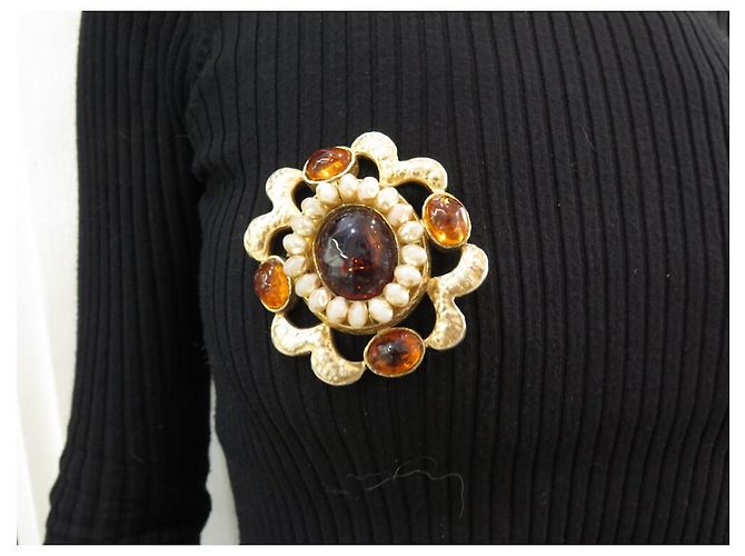 VINTAGE BROCHE CHANEL GRIPOIX 1994 SERTIE DE PATE DE VERRE & PERLES PEARL BROOCH Doré - vue 11