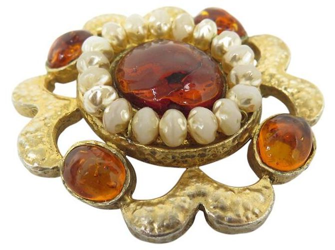VINTAGE BROCHE CHANEL GRIPOIX 1994 SERTIE DE PATE DE VERRE & PERLES PEARL BROOCH Doré - vue 3