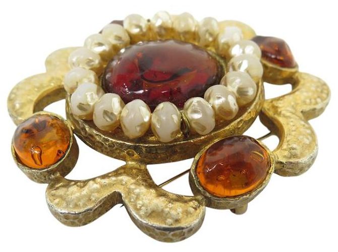 VINTAGE BROCHE CHANEL GRIPOIX 1994 SERTIE DE PATE DE VERRE & PERLES PEARL BROOCH Doré - vue 4