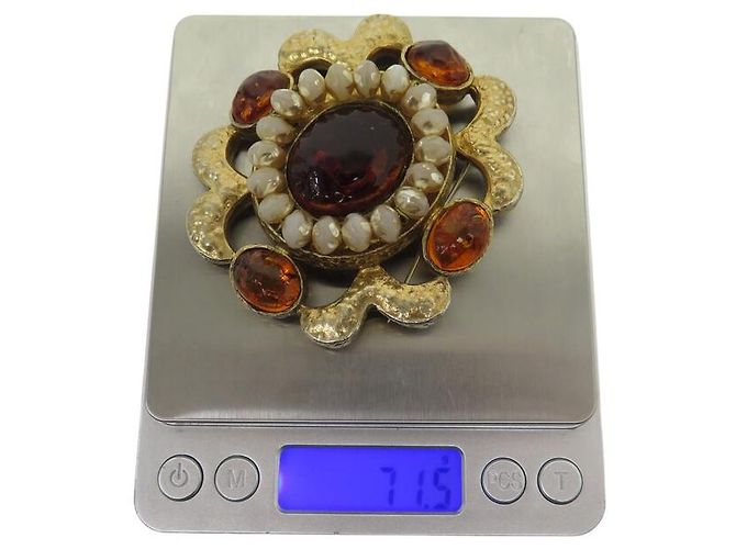 VINTAGE BROCHE CHANEL GRIPOIX 1994 SERTIE DE PATE DE VERRE & PERLES PEARL BROOCH Doré - vue 7