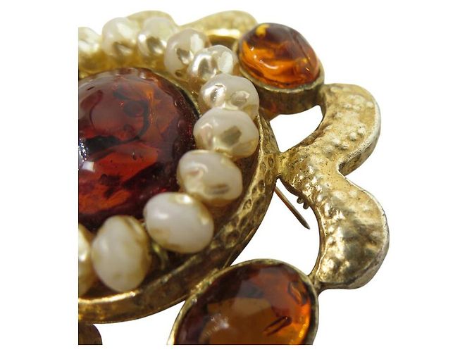 VINTAGE BROCHE CHANEL GRIPOIX 1994 SERTIE DE PATE DE VERRE & PERLES PEARL BROOCH Doré - vue 9