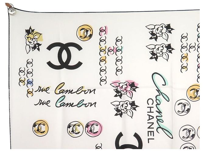 BUFANDA DE SEDA TWILL CHANEL CAMELIA LOGO CC CAMBON 90 Blanco - vista 2