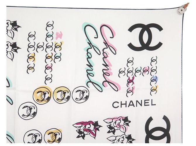 BUFANDA DE SEDA TWILL CHANEL CAMELIA LOGO CC CAMBON 90 Blanco - vista 3