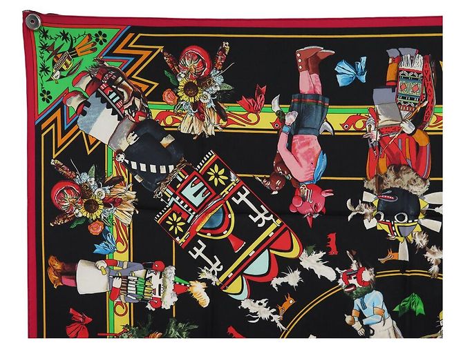 Hermès SCARF HERMES KACHINAS KERMIT OLIVER 90 NERO SETA + SCATOLA Multicolore - vista 2