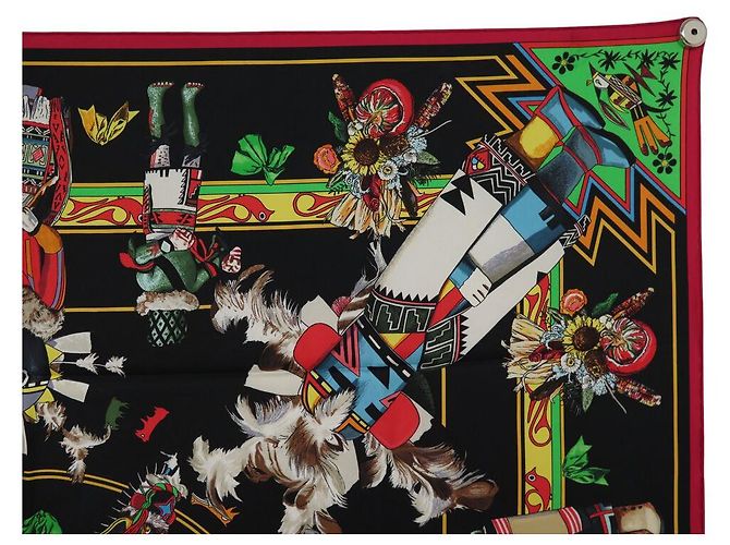 Hermès SCARF HERMES KACHINAS KERMIT OLIVER 90 NERO SETA + SCATOLA Multicolore - vista 3