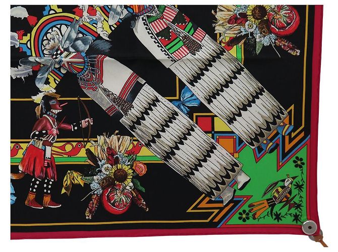 Hermès SCARF HERMES KACHINAS KERMIT OLIVER 90 NERO SETA + SCATOLA Multicolore - vista 4