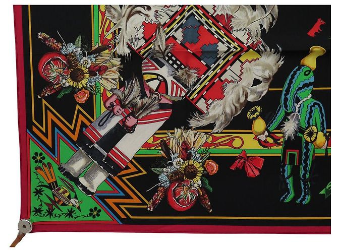 Hermès SCARF HERMES KACHINAS KERMIT OLIVER 90 NERO SETA + SCATOLA Multicolore - vista 5