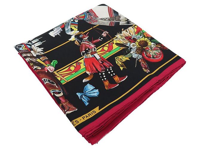 Hermès SCARF HERMES KACHINAS KERMIT OLIVER 90 NERO SETA + SCATOLA Multicolore - vista 9