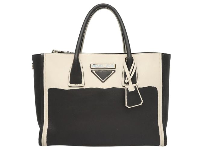 PRADA Borsa a mano in pelle nera e bianca Auth 122125 Nero Bianco - vista 13