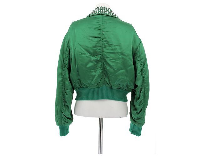Miu Miu Satin Bomberjacke Grün mit Strasskragen - Ansicht 2