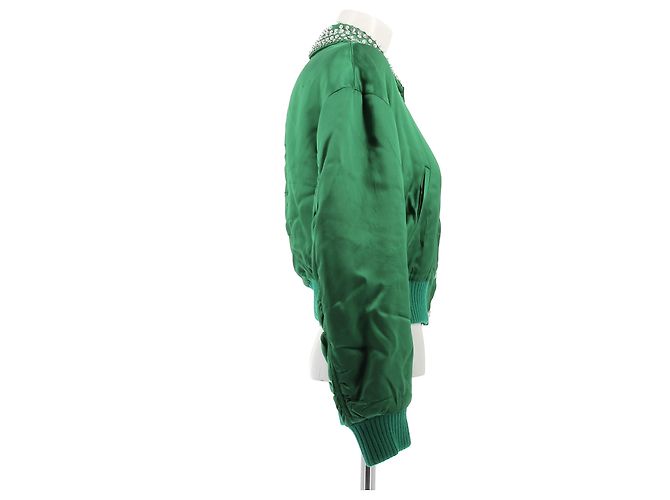 Miu Miu Satin Bomberjacke Grün mit Strasskragen - Ansicht 3