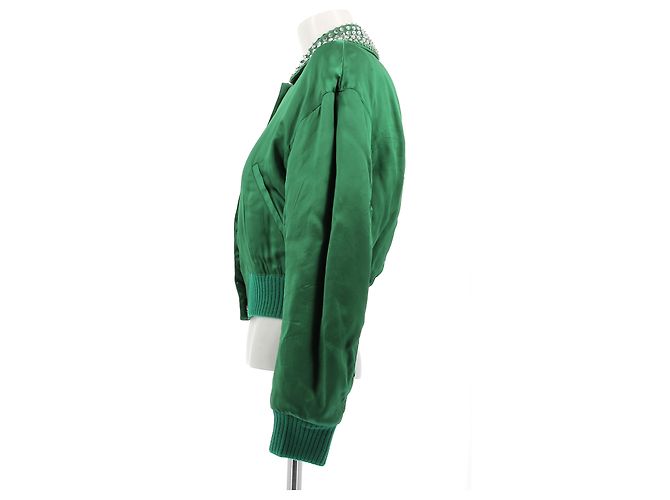 Miu Miu Satin Bomberjacke Grün mit Strasskragen - Ansicht 4
