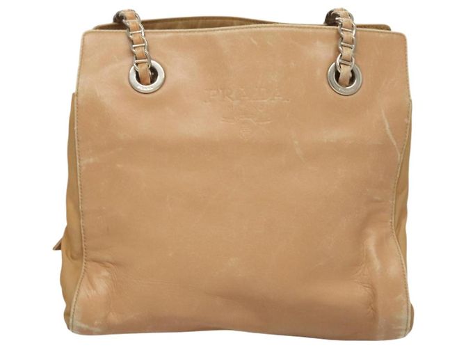 PRADA Bolsa de Ombro com Corrente de Couro Bege Dourado Auth 122203 - vista 13