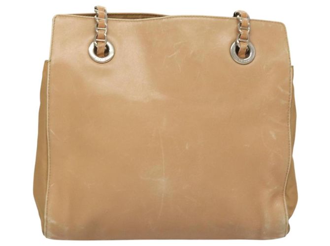 PRADA Bolsa de Ombro com Corrente de Couro Bege Dourado Auth 122203 - vista 2