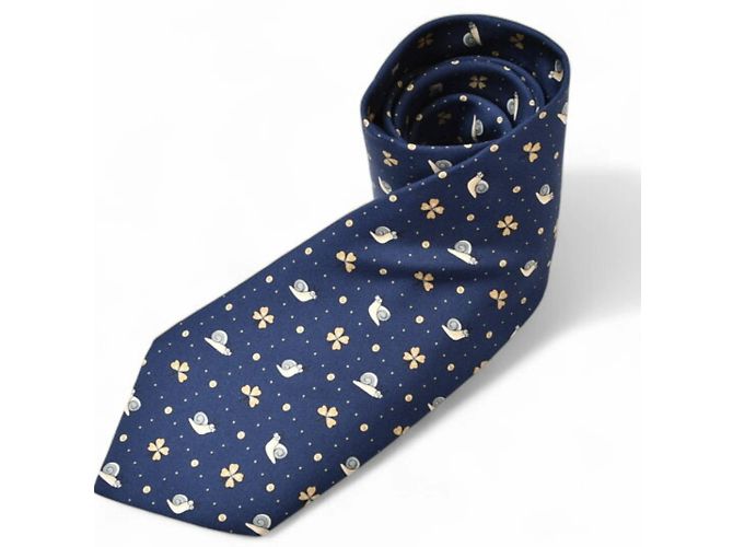 Cravatta Hermès in seta blu con motivo lumaca e trifoglio - vista 6