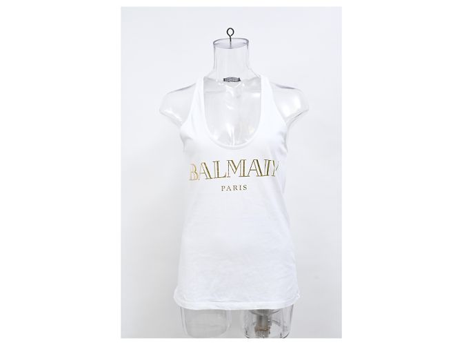 Camiseta sin mangas de algodón blanco con logo de Balmain impreso - vista 9