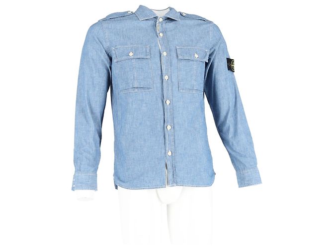 Stone Island Button-Down Shirt in Blue Cotton Denim - view 4
