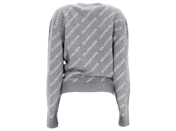 Grau Wollpullover mit Balenciaga-Logo über die gesamte Fläche - Ansicht 3